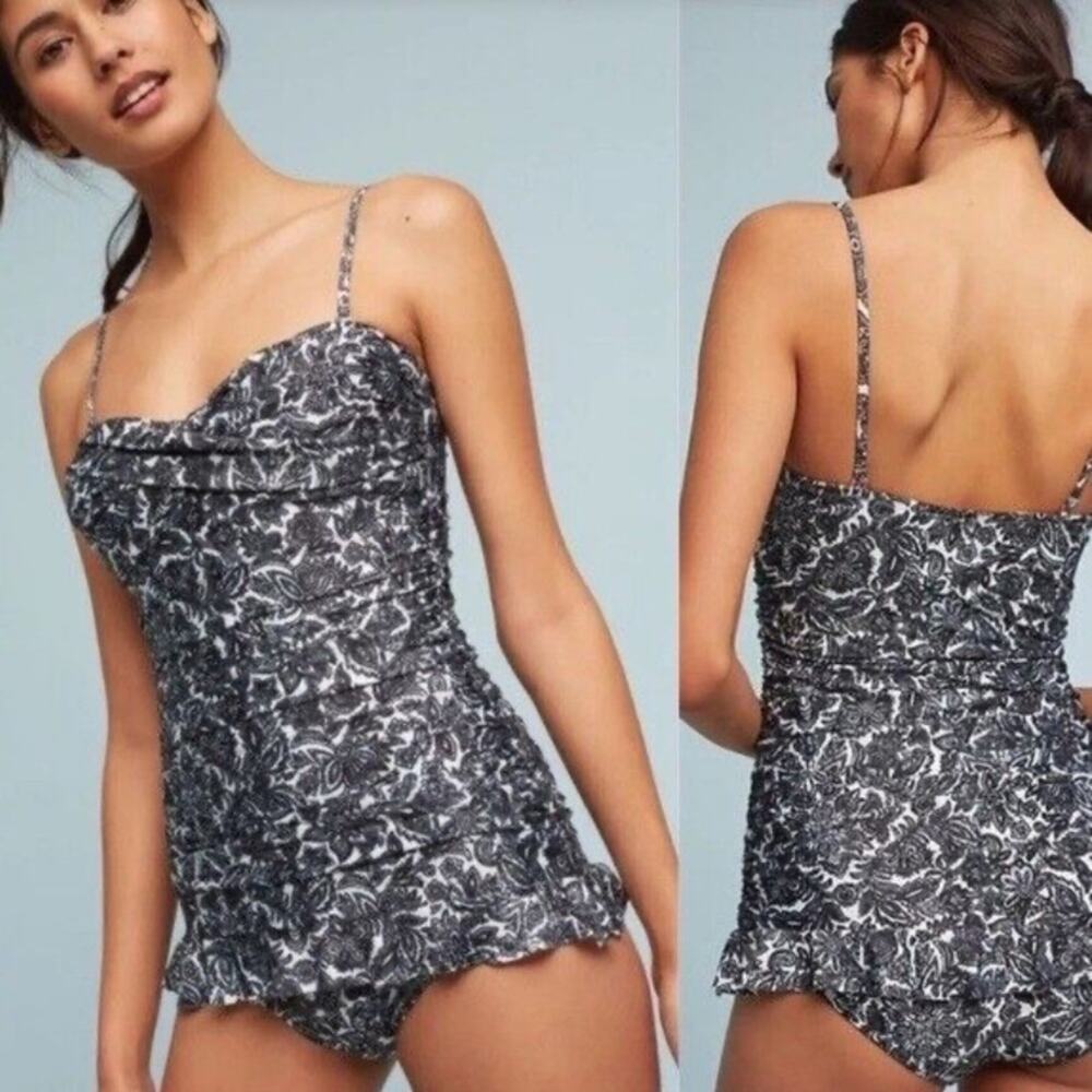 Allihop Anthropologie One Piece Swimsuit Black White Floral Skirted Size small